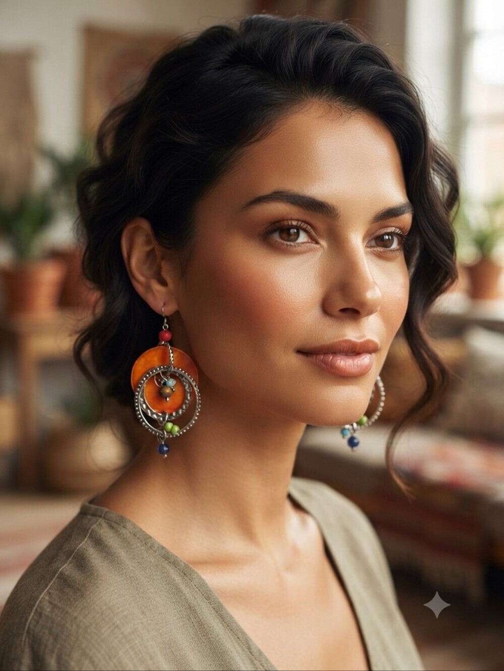 Artisan Orange and Multicolor Bead Dangle Hoop Earrings - Picture 11 of 11